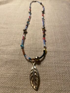 Multicolor Beaded Necklace with Gold Leaf Pendant - Women Jewelry 21”